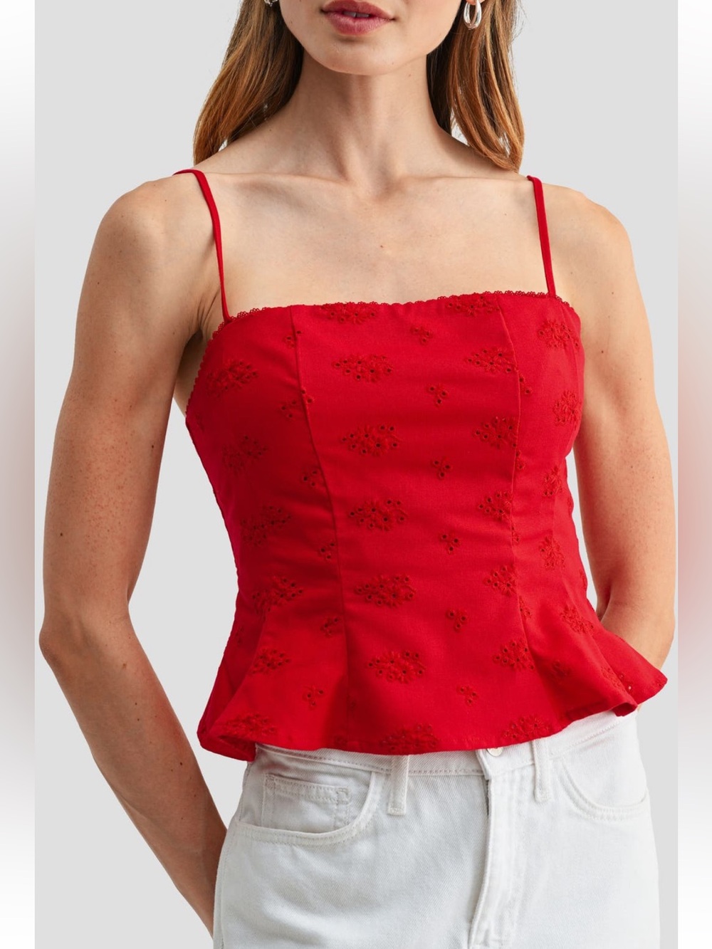 All In Favor Red Embroidered Peplum Cami Tank Top